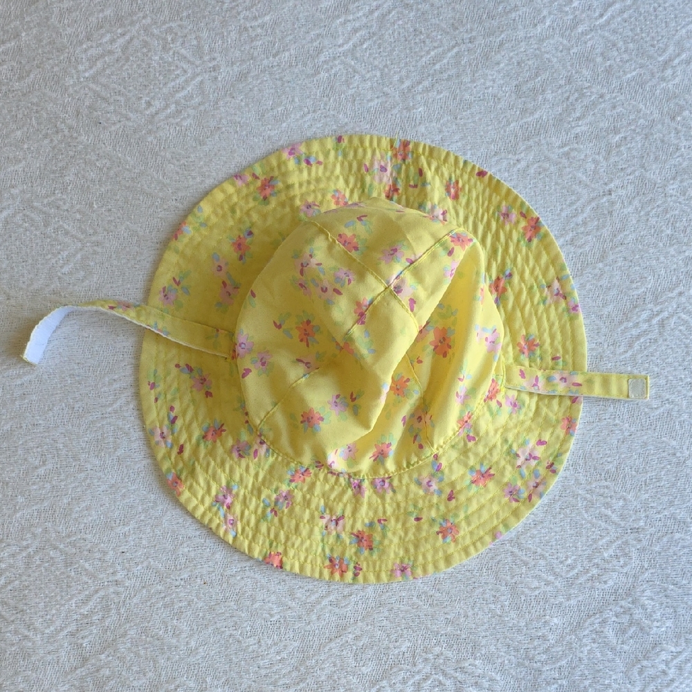 Yellow Floral Kids Sun Hat with Pink Accents - 6-12 Months